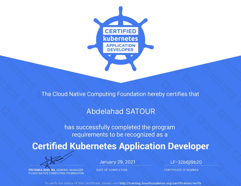 CKAD: Certified Kubernetes Application Developer certification. 2021. Abdelahad SATOUR